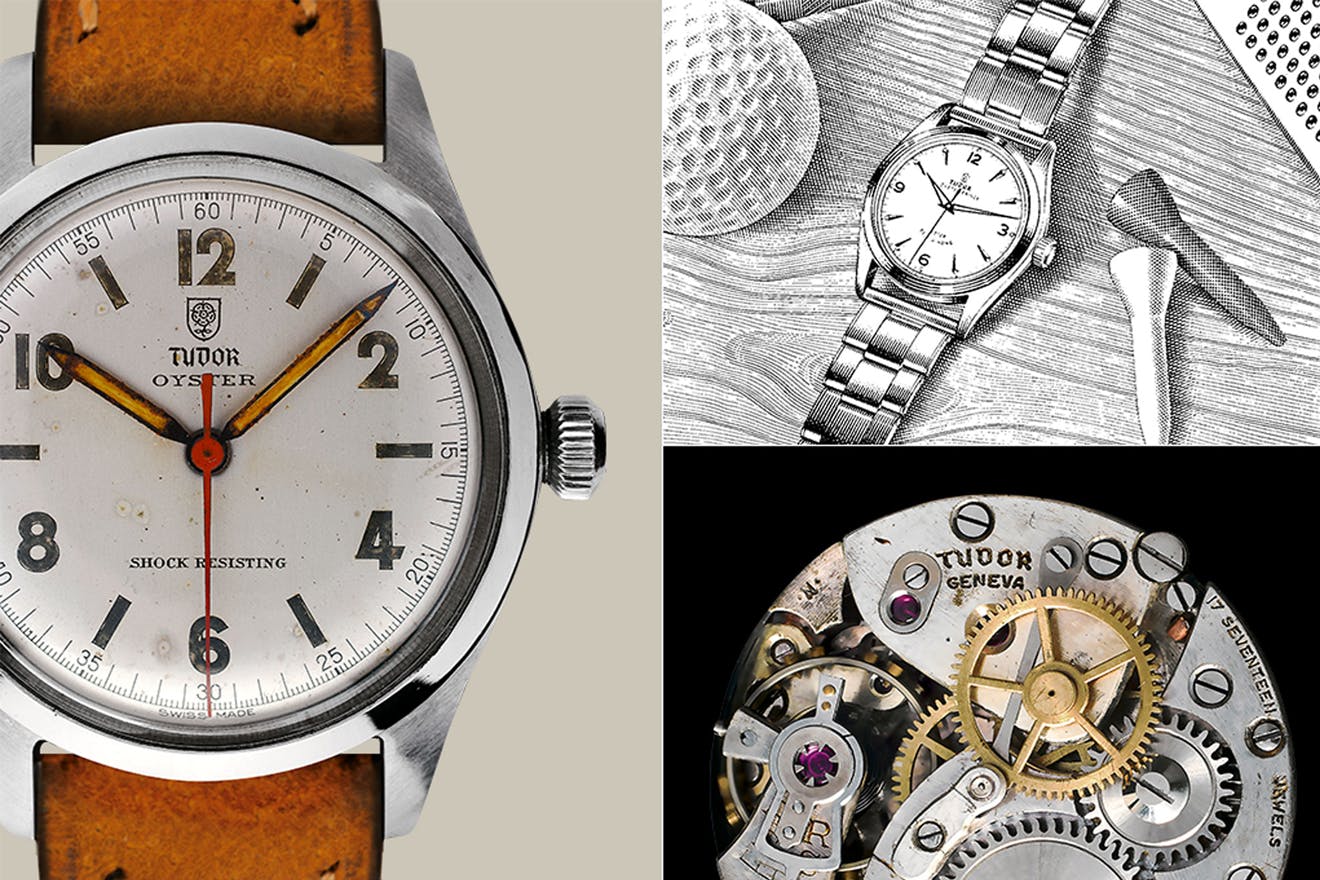 Triptych of Tudor Oyster watch with worn leather strap, hatched ink illustration of a watch, and the inner mechanisms of a Tudor watch